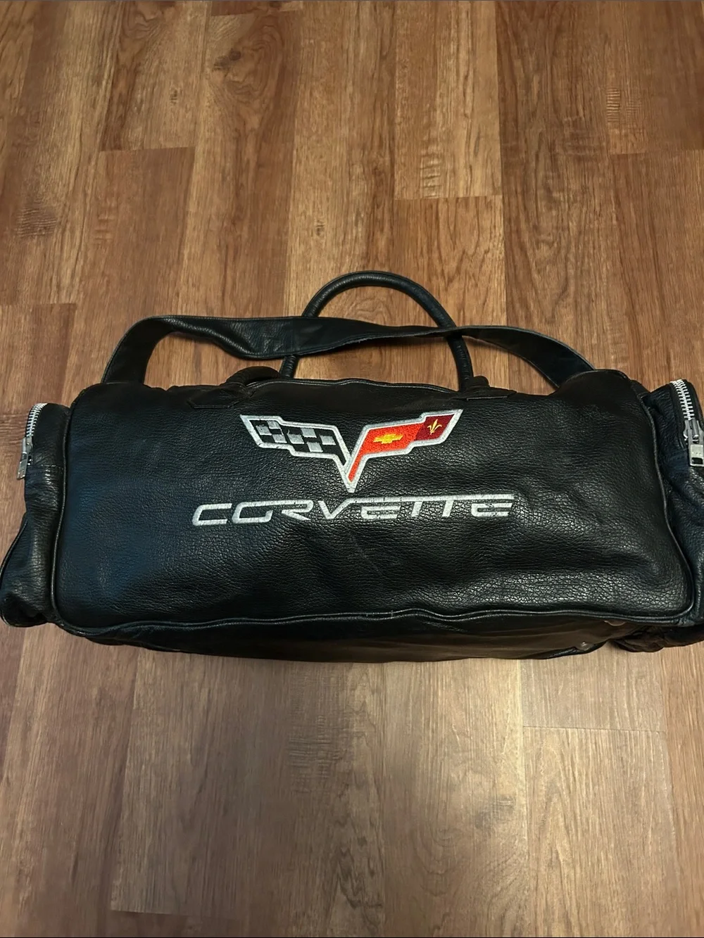 Corvette Black Leather Duffel Bag with Embroidered Crest